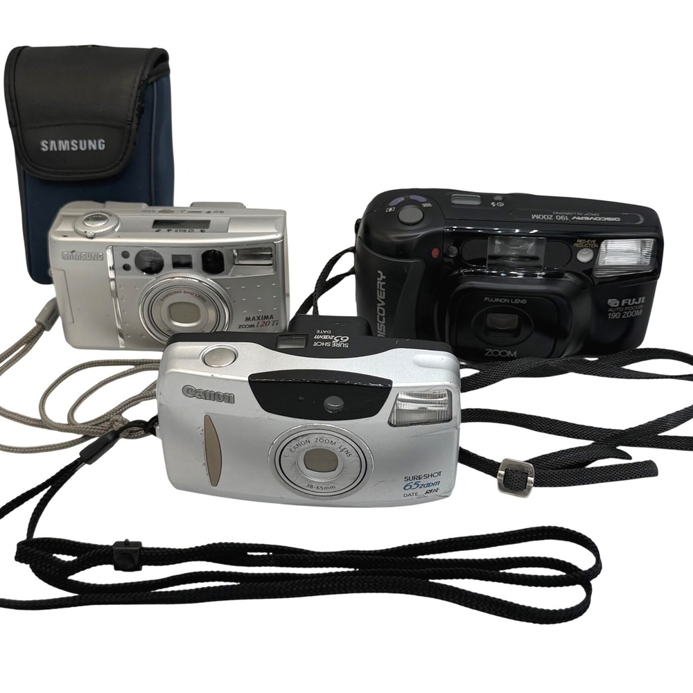 35mm Film Camera Lot Canon Sure Shot Samsung Maxima‎ 120Ti Fuji Discovery PARTS